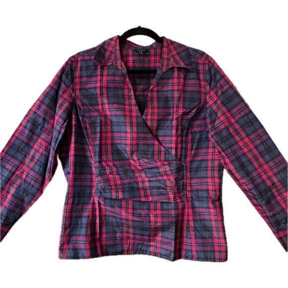 Talbots Surplice Neckline Silk Blend Blouse Top Pink Black Plaid Women Size 16 - Picture 1 of 9